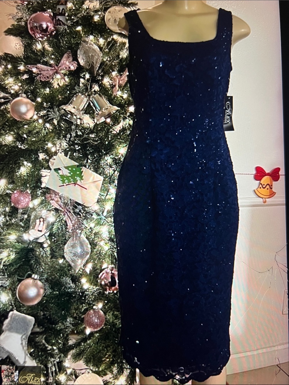 Alex Evenings Navy Sequin Lace Midi Dress